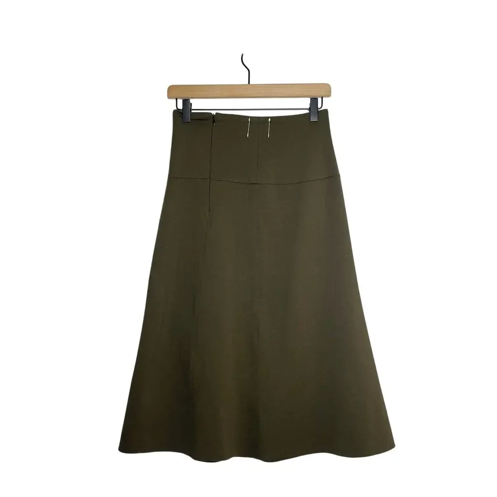 BASSIKE Flare Skirt Women's Size 0 Olive Green Stretch High Waist Midi - Picture 2 of 9